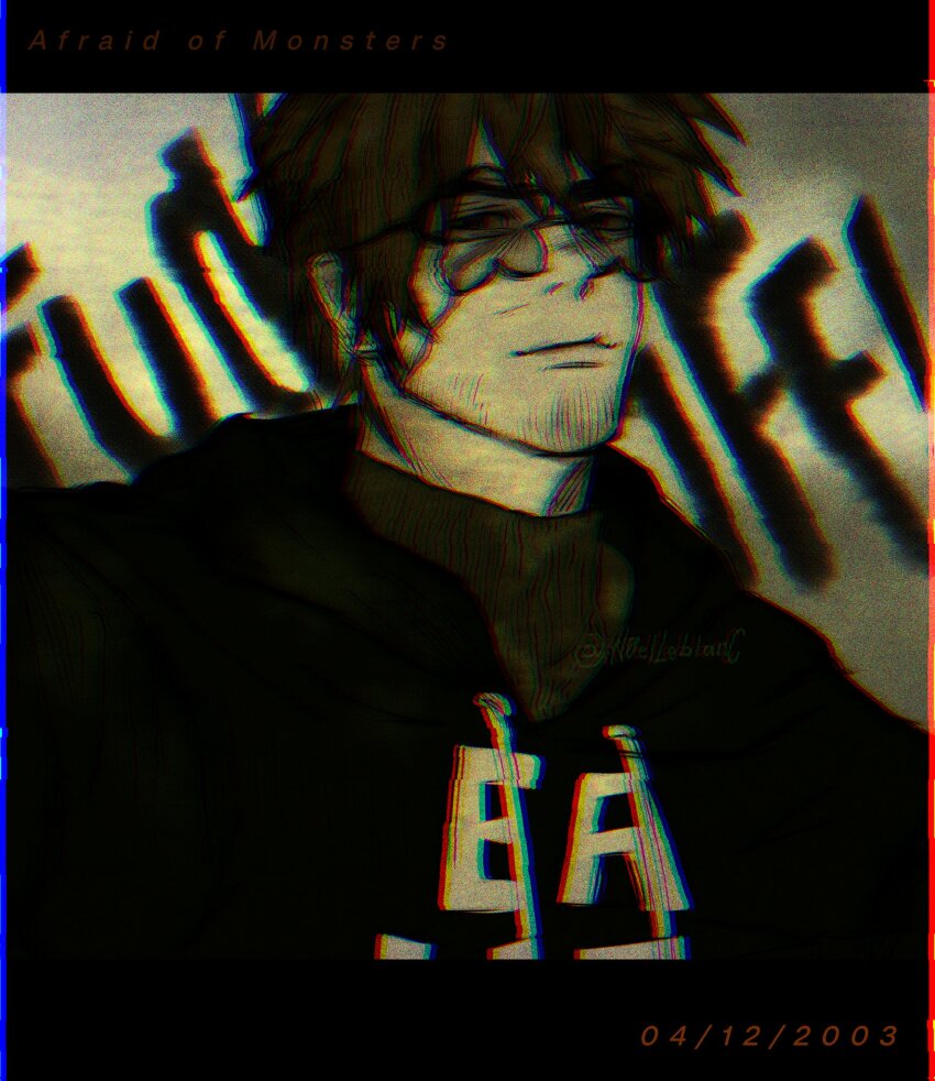 1boy afraid_of_monsters bags_under_eyes black_eyes black_hoodie brown_hair david_leatherhoff english_text facial_hair goatee_stubble highres hood hood_down hoodie letterboxed looking_at_viewer male_focus messy_hair n0elleblanc outside_border print_hoodie solo stubble turtleneck upper_body
