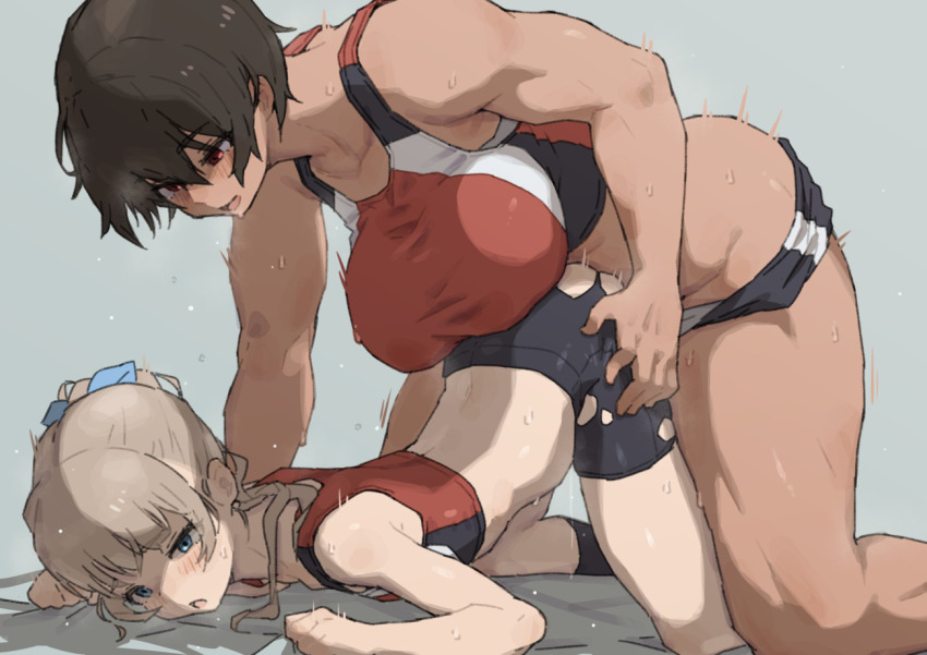 1futa 1girl ass bent_over black_hair blonde_hair breasts buruma doggystyle futa_with_female futanari gym_uniform height_difference implied_futanari kei_(m_k) large_breasts m_k muscular muscular_female original rika_(m_k) sex sex_from_behind short_hair sweat tall_female top-down_bottom-up torn_clothes track_uniform