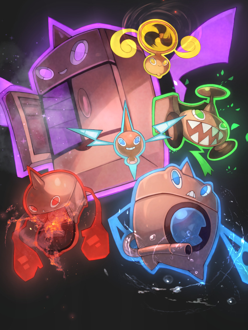 blue_eyes electricity fire gen_4_pokemon ghost green_eyes grin highres looking_at_viewer nintendo no_humans ohako_(ohako1818) open_mouth pokemon pokemon_(creature) purple_eyes red_eyes rotom rotom_(fan) rotom_(frost) rotom_(heat) rotom_(mow) rotom_(normal) rotom_(wash) smile teeth yellow_eyes