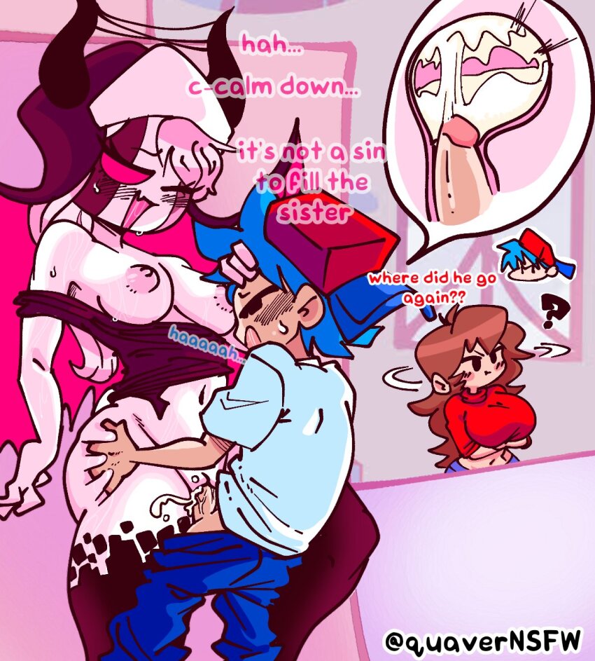 1boy 2girls ? against_wall ass boyfriend_(friday_night_funkin&#039;) breasts cheating_(relationship) colored_skin commentary cum english_commentary english_text feet_out_of_frame friday_night_funkin&#039; girlfriend_(friday_night_funkin&#039;) highres multiple_girls nun oral penis pink_skin pussy_juice quaverdraws sarvente_(friday_night_funkin&#039;) signature standing stealth_sex sweat torn_clothes twitter_username white_skin wings