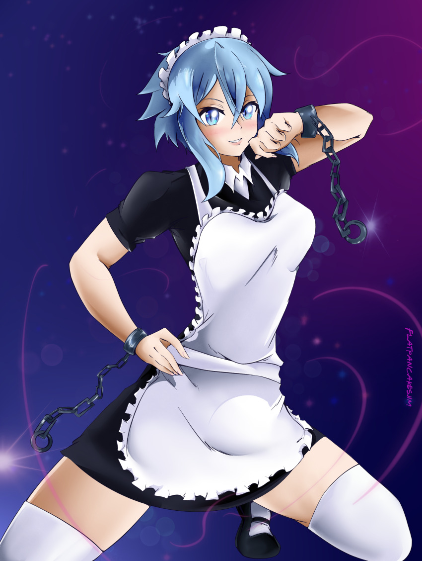 1girl absurdres apron blue_eyes blue_hair blush chain chained_wrists dress flatpancakesjim hand_on_own_hip hand_up highres lipstick maid maid_headdress makeup short_hair simple_background sinon socks sword_art_online thighhighs white_socks