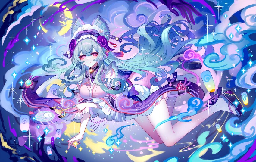 absurdres bell detached_sleeves frilled_hairband frilled_sleeves frills genshin_impact hairband highres japanese_clothes kimono neck_bell nihongami obi_bow pink_kimono pink_sleeves pointy_ears purple_tail sash sheya sleeve_bow sleeveless sleeveless_kimono tail tapir_tail white_hairband white_sash yumemizuki_mizuki