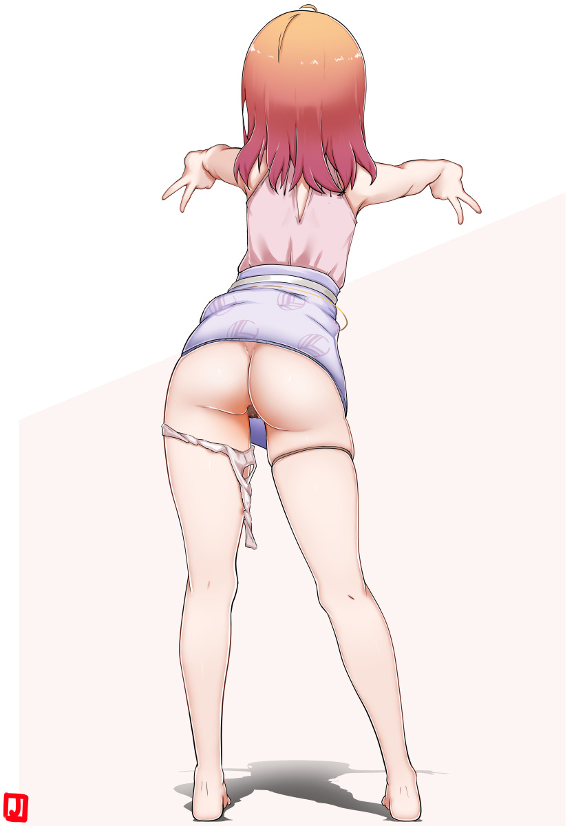 1girl absurdres ass bandaid bandaid_on_pussy clothes_lift double_v dress facing_away from_behind full_body gold_thighlet gradient_hair highres hololive ichijou_ririka ichijou_ririka_(1st_costume) johnny_(braun-kan_cafe) medium_hair multicolored_hair no_shoes orange_hair panties panties_around_leg pink_hair pink_skirt purple_skirt revision see-through_clothes shadow simple_background skirt skirt_lift sleeveless sleeveless_dress solo standing underwear v virtual_youtuber white_background white_panties