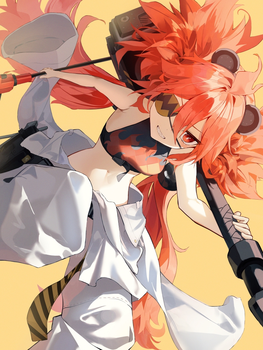 1girl absurdres ahoge animal_ears bare_shoulders bear_ears commentary crop_top eyepatch fake_animal_ears flame_print grin hair_between_eyes hammer highres holding holding_hammer kano_(kano4) koleda_belobog long_hair looking_at_viewer midriff one_eye_covered over_shoulder pants red_eyes red_hair sharp_teeth simple_background sledgehammer sleeveless smile solo teeth tsurime v-shaped_eyebrows very_long_hair weapon weapon_over_shoulder white_pants yellow_background zenless_zone_zero