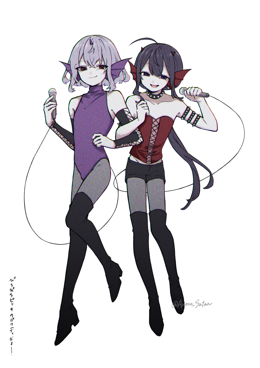 2boys :d absurdres animal_ears arieru_satan armlet bare_shoulders black_footwear black_hair black_shorts boots bulge cable closed_mouth collar crossed_bangs detached_sleeves fang floating full_body grey_hair grey_pantyhose hands_up head_wings highres holding holding_microphone honebami_toushirou horns jewelry leotard locked_arms long_hair looking_at_viewer male_focus microphone midriff multiple_boys namazuo_toushirou open_mouth pantyhose pantyhose_under_shorts ponytail purple_eyes purple_leotard red_eyes short_hair shorts simple_background single_horn skin_fang sleeveless_turtleneck_leotard small_horns smile smirk spiked_armlet spiked_collar spikes strapless thigh_boots touken_ranbu trap twitter_username very_long_hair white_background wings