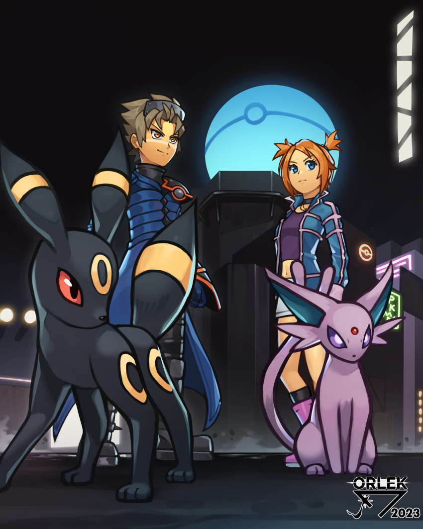 1boy 1girl absurdres artist_name black_choker black_footwear black_pants blonde_hair blue_coat blue_eyes blue_jacket boots choker closed_mouth coat commentary cropped_shirt english_commentary espeon facial_mark full_body gen_2_pokemon highres jacket long_sleeves midriff navel nintendo open_clothes open_jacket orange_hair orlek pants pink_boots pokemon pokemon_(creature) pokemon_colosseum purple_shirt rui_(pokemon) shirt short_hair short_twintails skirt smile snag_machine twintails umbreon wes_(pokemon) white_skirt yellow_eyes