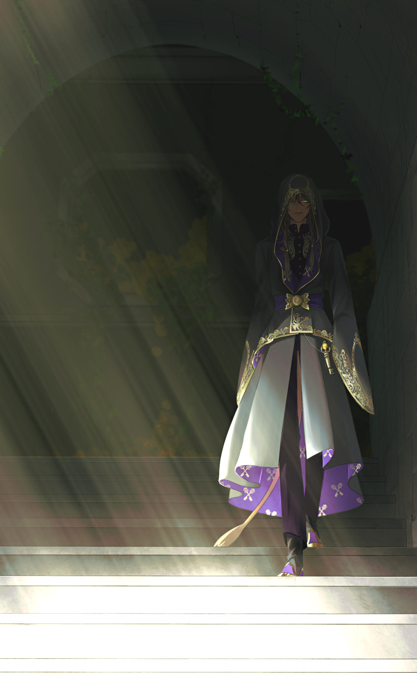 1boy black_robe brown_hair full_body glowing glowing_eyes green_eyes highres hood hood_up in_shadow leona_kingscholar lion_boy lion_tail long_hair looking_at_viewer male_focus night_raven_college_ceremonial_robes redrabbit44 robe solo stairs sunlight tail twisted_wonderland