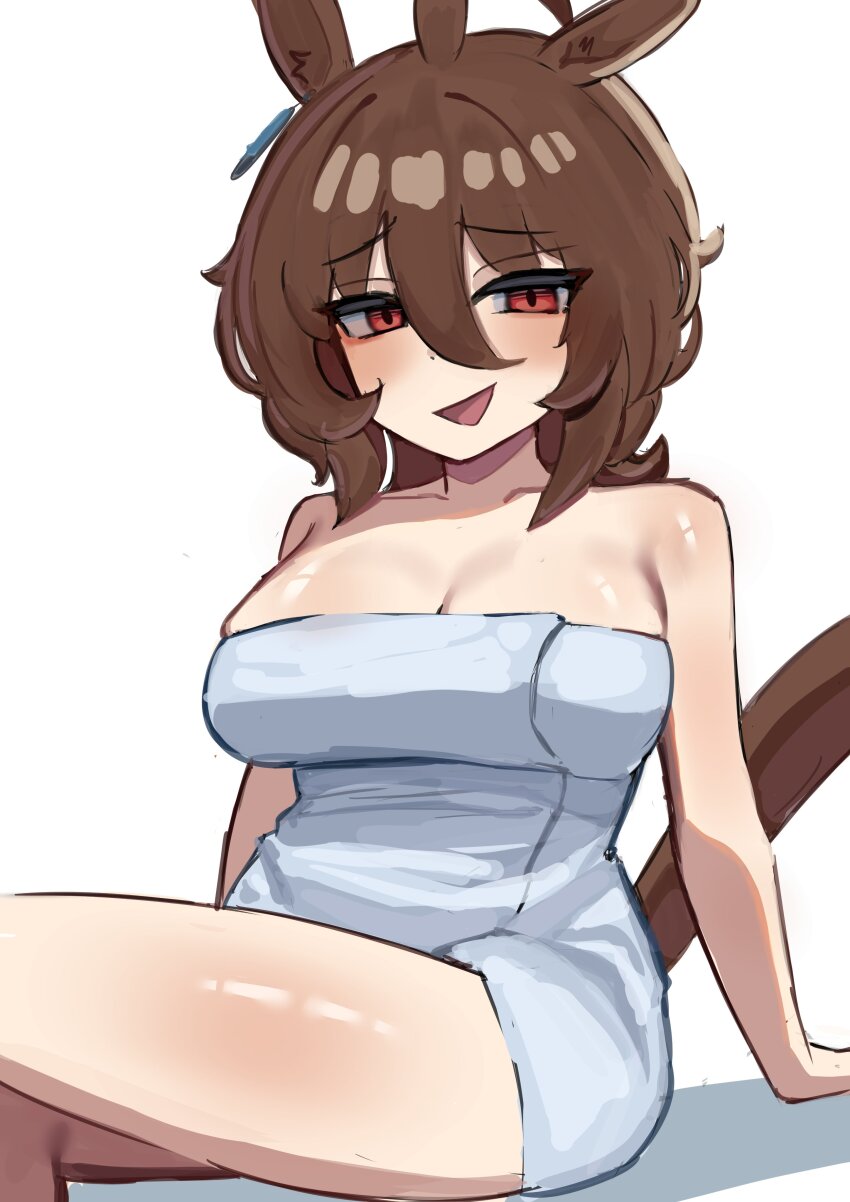 1girl absurdres agnes_tachyon_(umamusume) ahoge animal_ears bare_shoulders blush breasts brown_hair cleavage earrings hair_between_eyes highres horse_ears horse_girl horse_tail iog626 jewelry looking_at_viewer medium_hair messy_hair naked_towel open_mouth red_eyes shadow single_earring sitting solo tail thighs towel umamusume white_background wolf_cut