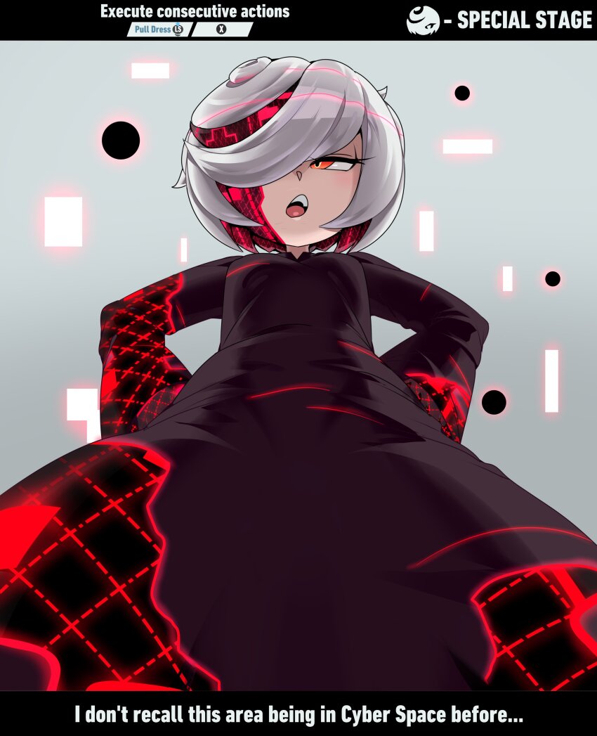 1girl absurdres black_dress breasts captain_kirb dress female_focus from_below glitch hair_over_one_eye highres medium_breasts one_eye_covered red_eyes red_theme sage_(sonic) sega solo sonic_(series) tagme white_hair wide_hips