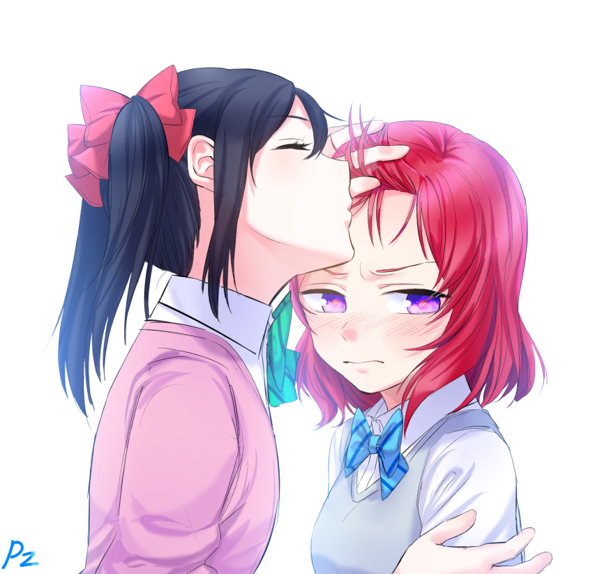 2girls black_hair blue_bow blue_bowtie blush bow bowtie closed_eyes closed_mouth collared_shirt commentary_request crazy_be hair_bow heart heart-shaped_pupils highres kiss kissing_forehead love_live! love_live!_school_idol_project medium_hair multiple_girls nishikino_maki otonokizaka_school_uniform pink_sweater purple_eyes red_bow red_hair school_uniform shirt simple_background sweater symbol-shaped_pupils twintails white_background white_shirt yazawa_nico yuri