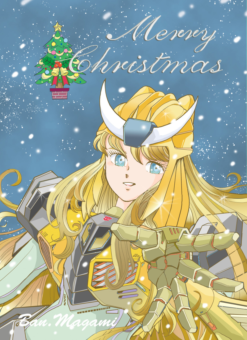 absurdres artist_name blonde_hair blue_eyes bodysuit commentary english_commentary floating_hair genderswap genderswap_(mtf) green_bodysuit highres horns humanization long_hair magami_ban mecha_musume mechanical_arms merry_christmas mixed-language_commentary parted_lips smile snowing transformers transformers_victory upper_body very_long_hair victory_leo