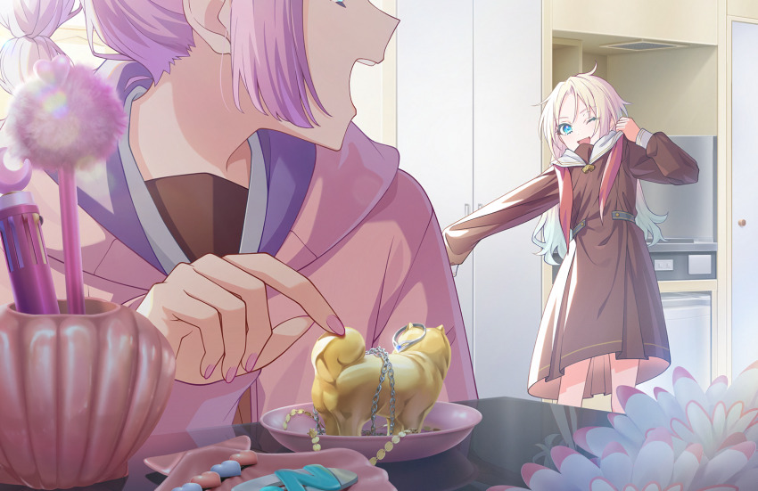 2girls :d ;d anyoji_hime blonde_hair blue_eyes blue_hair blunt_sidelocks brown_dress counter curtained_hair dog dress dressing fang flower game_cg gold gradient_hair hair_flower hair_ornament hasu_no_sora_school_uniform heart heart-shaped_gem heart_hair_ornament heart_ring highres identity_(love_live!) indoors jewelry link!_like!_love_live! lone_nape_hair long_hair long_sleeves looking_at_another love_live! medium_dress mira-cra_park! multi-tied_hair multicolored_hair multiple_girls neckerchief non-web_source official_alternate_costume official_art one_eye_closed open_mouth ornate_ring osawa_rurino outstretched_arm parted_bangs pen pink_flower pink_hair pink_nails pleated_dress pointing ponytail red_neckerchief reflective_surface refrigerator ring sailor_collar sailor_dress school_uniform sidelocks smile teeth two-tone_hair undone_neckerchief unworn_hair_ornament unworn_ring upper_teeth_only virtual_youtuber white_sailor_collar winter_uniform