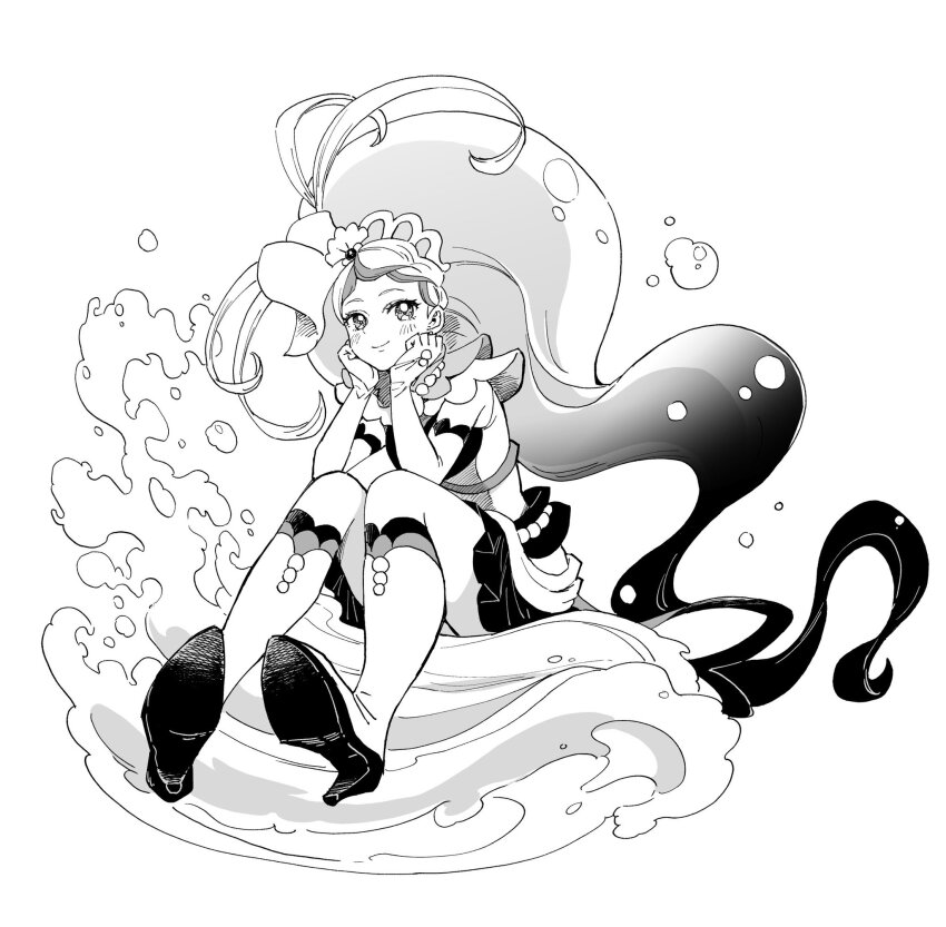 1girl absurdly_long_hair arm_warmers boots closed_mouth cure_mermaid dress eyelashes facing_viewer floating floating_hair full_body go!_princess_precure gradient_hair greyscale hands_on_own_face high_heel_boots high_heels high_ponytail highres kaidou_minami knee_boots long_hair looking_to_the_side magical_girl monochrome multicolored_hair ponytail precure sharumon short_bangs simple_background sleeveless sleeveless_dress smile solo very_long_hair water white_background