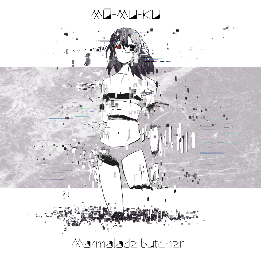 1girl :/ absurdres album_cover artist_request chromatic_aberration completely_nude copyright_name cover dot_nose expressionless full_body glitch heterochromia highres hollow_eyes looking_at_viewer marmalade_butcher_(band) medium_hair monochrome nude red_eyes severed_leg severed_limb severed_torso solo spot_color title