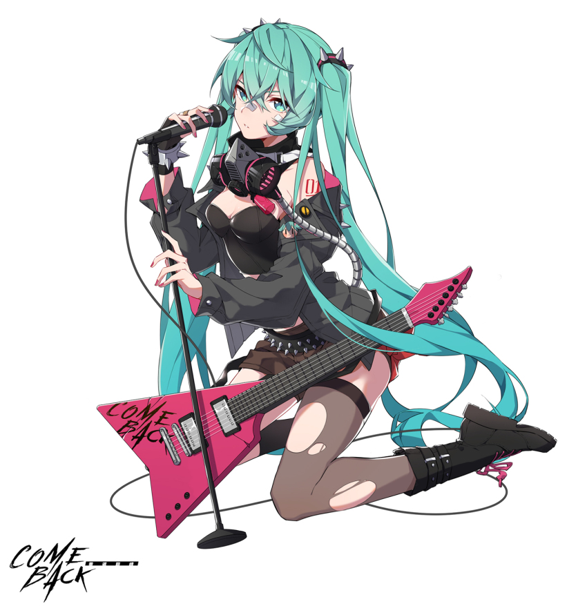 aqua_eyes aqua_hair bare_shoulders belt black_footwear black_gloves black_jacket black_thighhighs bracelet breasts brown_skirt cleavage english_text fingerless_gloves fingernails gas_mask gloves guitar hatsune_miku hatsune_miku_(vocaloid4)_(chinese) highres instrument jacket jewelry kneeling long_hair mask mask_around_neck nail_polish open_clothes open_jacket oyo_hitsuji parted_lips pink_nails respirator scratches simple_background single_glove single_thighhigh skirt spiked_belt spiked_bracelet spikes thighhighs torn torn_clothes torn_legwear twintails unworn_mask very_long_hair vocaloid white_background