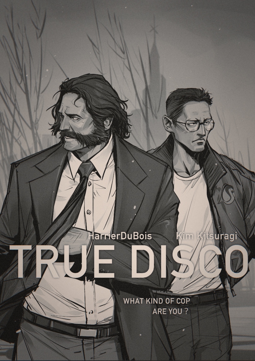 2boys belt collared_jacket collared_shirt crossover disco_elysium english_text facial_hair formal_clothes glasses greyscale hair_slicked_back hand_in_jacket harry_du_bois highres jacket kim_kitsuragi male_focus monochrome multiple_boys mustache mutton_chops necktie nyeigneous open_clothes open_jacket pants parody scene_reference shirt suit suit_jacket true_detective white_shirt