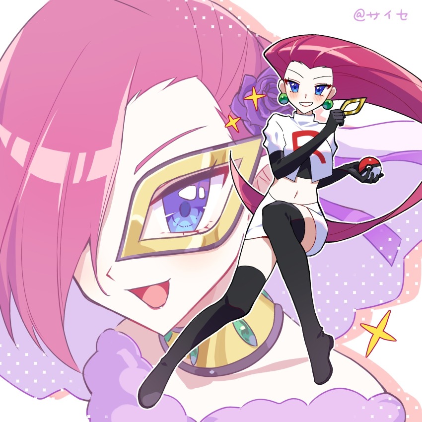 1girl black_gloves blue_eyes boots commentary cosplay creatures_(company) crop_top earrings elbow_gloves game_freak gloves hair_slicked_back highres holding holding_poke_ball jessie_(pokemon) jewelry logo looking_at_viewer multiple_views nintendo pink_hair poke_ball poke_ball_(basic) pokemon pokemon_(anime) pokemon_xy_(anime) saisejx single_letter skirt smile sphere_earrings team_rocket team_rocket_uniform thigh_boots white_skirt