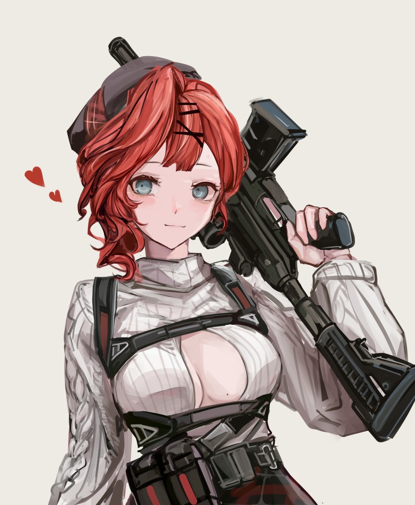1girl absurdres ammunition_belt ammunition_pouch aqua_eyes beret black_hat bolt-action_shotgun bolt_action breasts casual closed_mouth commentary girls&#039;_frontline grey_hat gun hair_ornament hairclip harness hat heart heart_print highres holding holding_gun holding_weapon light_blush lips lithographica long_sleeves looking_at_viewer m26-mass m26-mass_(girls&#039;_frontline) medium_breasts medium_hair modular_weapon_system mole mole_on_breast multicolored_hat over_shoulder plaid_clothes plaid_skirt pouch red_hair shotgun skirt smile solo stand-alone_configuration straight-pull_shotgun straight_pull sweater transforming_weapon upper_body weapon weapon_over_shoulder white_background white_sweater