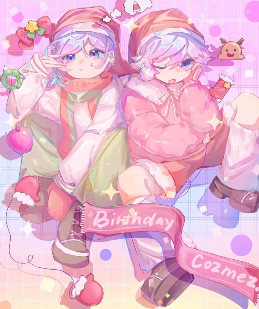 2boys aqua_hair brothers christmas cozmez_(paradox_live) happy_birthday highres male_focus medium_hair mererain multicolored_hair multiple_boys paradox_live phantometal_(paradox_live) purple_eyes purple_hair rudolph_the_red_nosed_reindeer short_hair siblings twins yatonokami_kanata yatonokami_nayuta