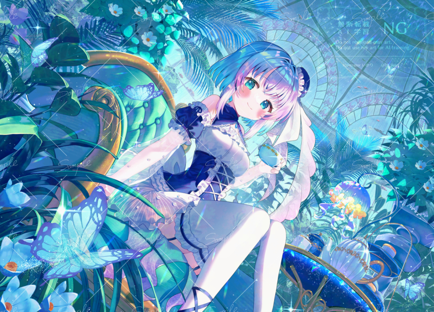 1girl animal bare_shoulders blue_eyes blue_flower blue_hair blue_hat blue_sleeves blush breasts bug butterfly closed_mouth commentary_request copyright_request couch cup cupcake detached_sleeves dutch_angle english_text feet_out_of_frame flower food frilled_sleeves frilled_thighhighs frills garter_straps gradient_hair hat holding holding_cup ikari_(aor3507) indoors insect knees_together_feet_apart layered_sleeves long_sleeves looking_at_viewer medium_breasts multicolored_hair official_art on_couch puffy_long_sleeves puffy_short_sleeves puffy_sleeves purple_flower purple_hair sample_watermark shirt short_over_long_sleeves short_sleeves sitting skirt smile solo table teacup teapot thighhighs tiered_tray tilted_headwear virtual_youtuber watermark white_shirt