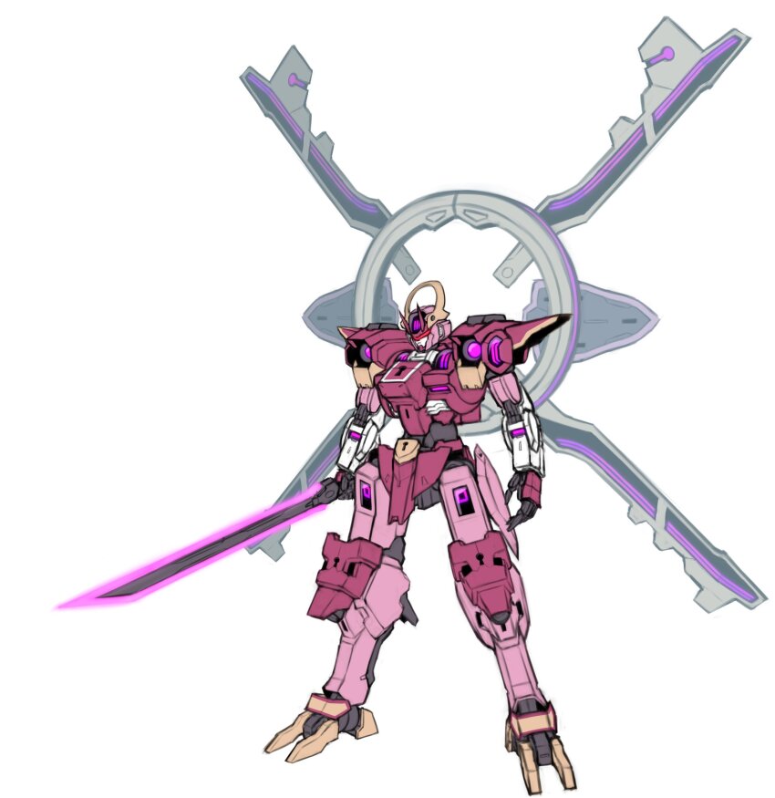 absurdres eien_project energy_sword full_body gundam gundam_schwarzette gundam_suisei_no_majo halo highres holding holding_sword holding_weapon mecha mecha_focus mechanical_halo mobile_suit pinguinkotak red_eyes redesign robot science_fiction standing sword v-fin weapon white_background