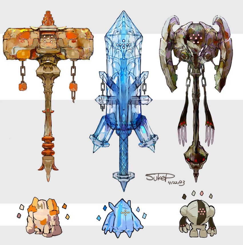 2023 absurdres axe chain dated extra_eyes game_freak gen_3_pokemon hammer highres legendary_pokemon nintendo no_humans objectification orange_eyes pokemon pokemon_(creature) red_eyes regice regirock registeel signature sukepmonster sword weapon yellow_eyes