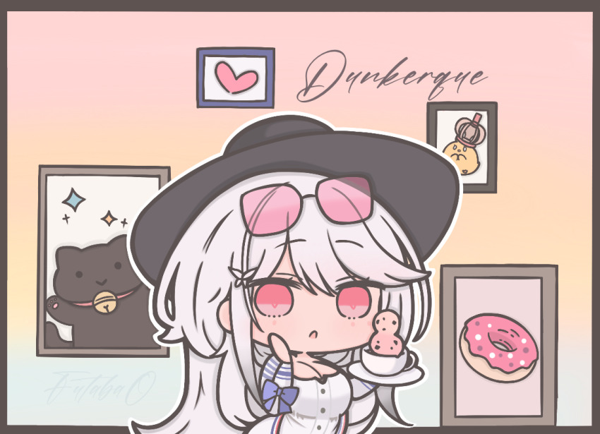 1girl algerie_(azur_lane) algerie_(azur_lane)_(cosplay) artist_name azur_lane bell black_cat black_hat blue_bow bow breasts butterfly_hair_ornament cat character_name chibi chibi_only cleavage coffee commentary cosplay crown cup donut dunkerque_(afternoon_venus)_(azur_lane) dunkerque_(azur_lane) eyewear_on_head food french_flag futaba_(anti_clockwise) grey_hair hair_ornament hand_on_own_cheek hand_on_own_face hat heart holding holding_cup indoors jacket jingle_bell large_breasts long_hair long_sleeves looking_at_viewer manjuu_(azur_lane) neck_bell official_alternate_costume photo_(object) picture_frame pink-tinted_eyewear red_eyes solo sparkle sunglasses symbol-only_commentary tinted_eyewear very_long_hair white_jacket