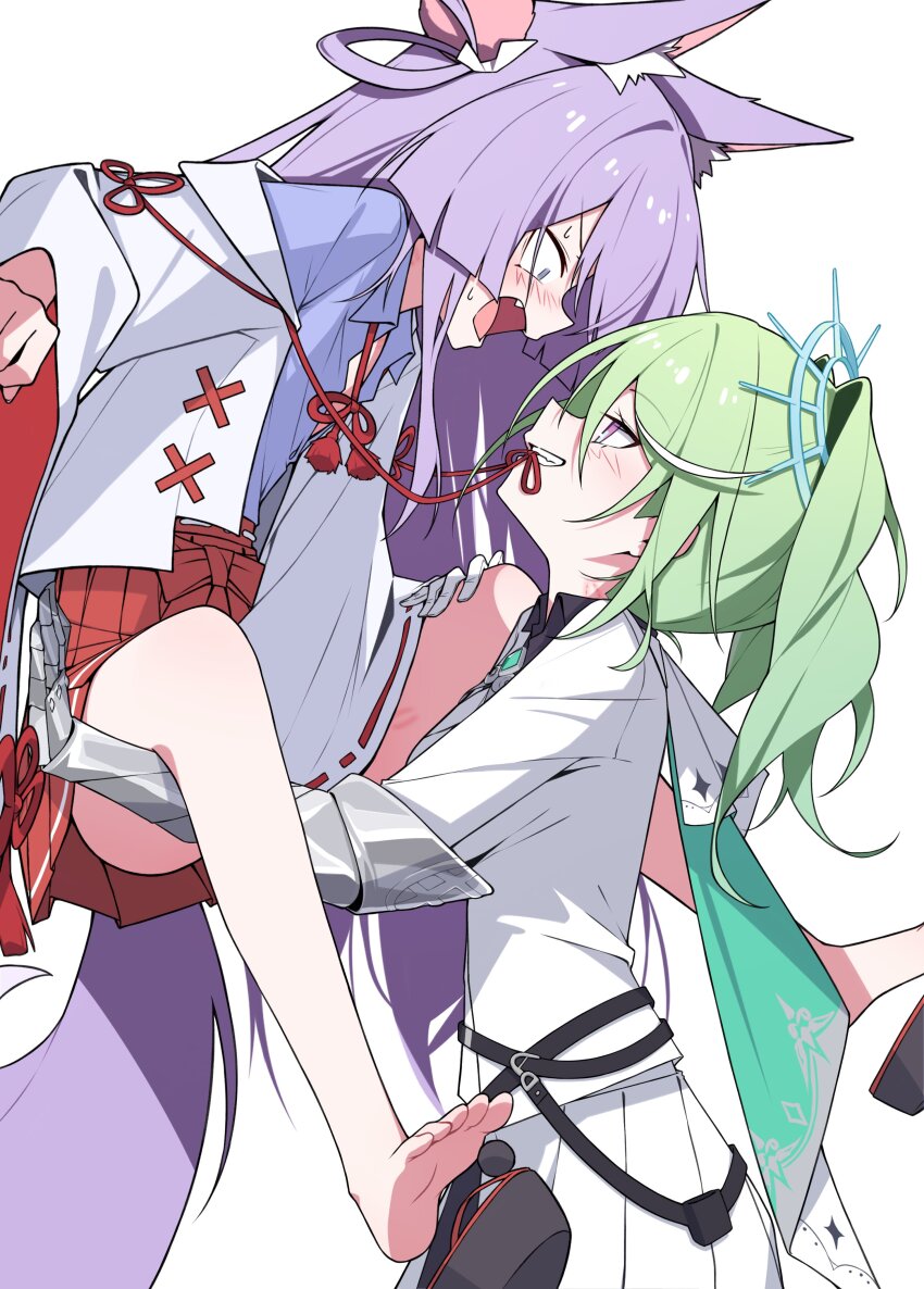 2girls absurdres animal_ears annoyed barefoot bite_mark blush carrying carrying_person fox_ears fox_girl fox_tail green_hair hair_ornament hickey highres japanese_clothes kimono long_hair looking_at_another medium_hair miko mmhomm multiple_girls naughty_face open_clothes open_kimono petite purple_hair skirt stellive tail tenko_shibuki virtual_youtuber white_skirt wide_sleeves yuri yuzuha_riko