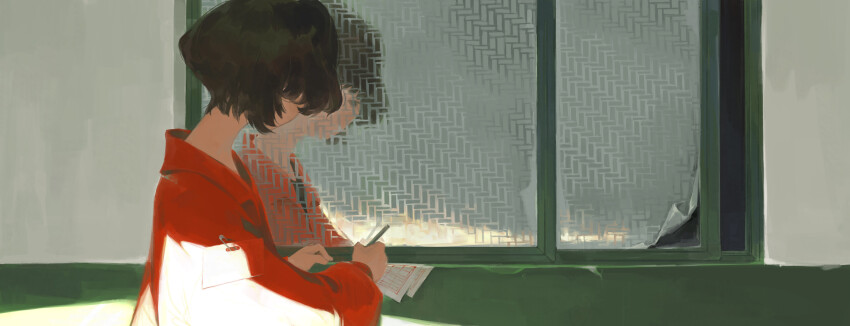 1girl absurdres akanubei black_hair color_contrast day from_behind half-closed_eyes hand_rest hands_up highres holding holding_pencil jacket ledge long_sleeves looking_down neck original painterly paper peeling pencil red_jacket reflection short_hair solo sunlight wide_sleeves window writing