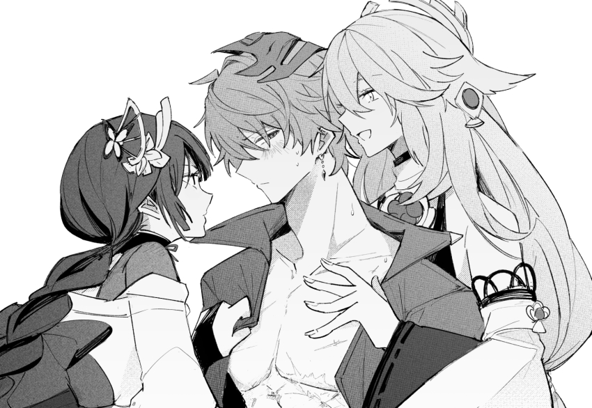 1boy 2girls abs alternate_hairstyle animal_ear_piercing animal_ears bare_shoulders blunt_bangs blush braid braided_ponytail bridal_gauntlets butterfly_hair_ornament closed_mouth collarbone collared_shirt curly_hair detached_sleeves embarrassed fan_hair_ornament fox_ears fox_girl friends from_side genshin_impact group_sex hair_between_eyes hair_ornament hand_on_another&#039;s_chest headpiece hetero highres implied_sex japanese_clothes jewelry kimono leaning_back leaning_forward long_braid long_hair long_sleeves looking_at_another looking_down looking_to_the_side looking_up mask mask_on_head monochrome multiple_girls muscular muscular_male neck_ribbon nervous_sweating off_shoulder open_clothes open_mouth open_shirt pendant raiden_shogun ribbon scar shade shirt short_hair simple_background single_braid smile stack_b1 sweat tartaglia_(genshin_impact) threesome upper_body wavy_hair white_background wide_sleeves yae_miko