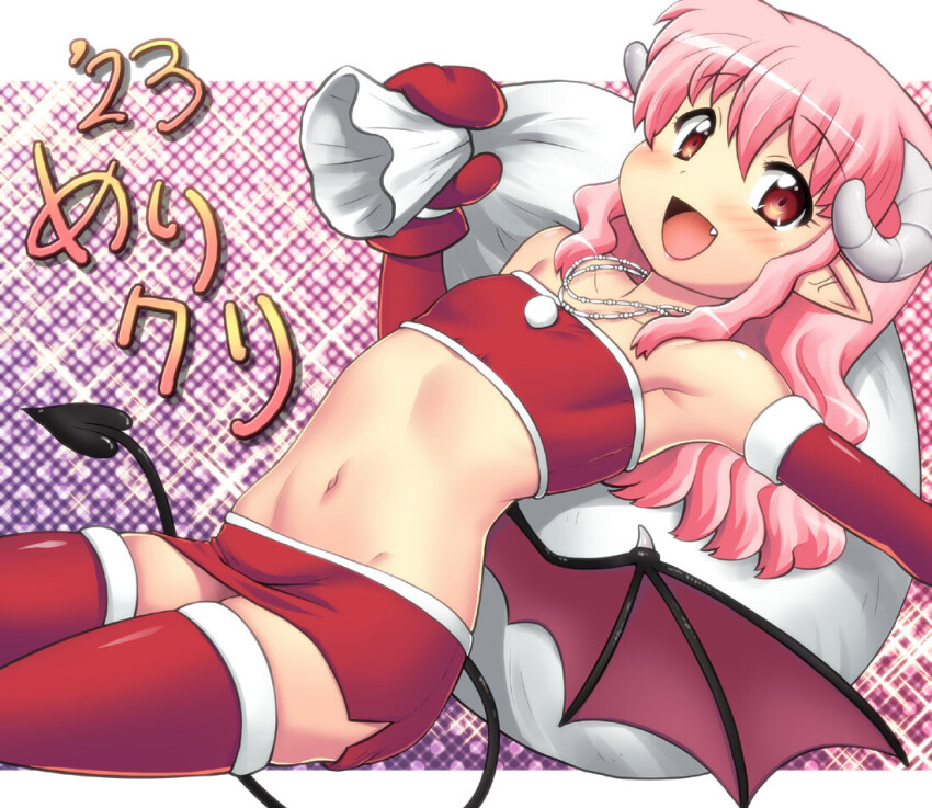1girl :d armpits blush christmas demon_girl demon_horns demon_tail demon_wings dutch_angle elbow_gloves fang flat_chest gloves hase_yu horns jewelry long_hair low_wings miniskirt mittens navel necklace open_mouth original outside_border pink_hair plaid_background pointy_ears red_skirt red_thighhighs sack sidelocks skirt smile solo strapless tail thighhighs tube_top wavy_hair wings zettai_ryouiki