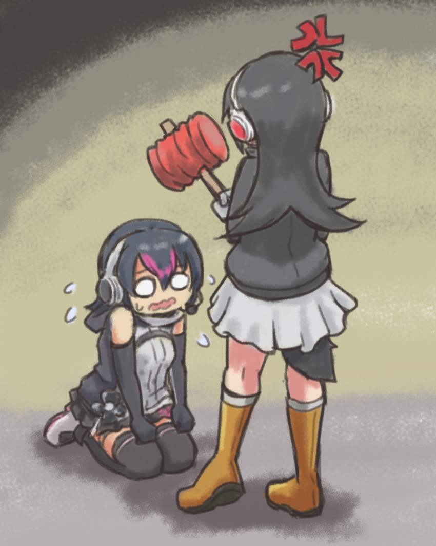 2girls anger_vein bare_shoulders black_gloves black_hair black_skirt black_sweater black_thighhighs boots crying crying_with_eyes_open elbow_gloves flying_sweatdrops gentoo_penguin_(kemono_friends) gloves hair_between_eyes hane_(kirschbaum) headphones highres holding holding_toy hood hood_down humboldt_penguin_(kemono_friends) kemono_friends kemono_friends_v_project long_hair long_sleeves multiple_girls penguin_girl penguin_tail pleated_skirt purple_hair seiza short_hair sidelocks sitting skirt sweater tail tears thighhighs toy toy_hammer virtual_youtuber wavy_mouth white_skirt white_sweater yellow_boots zettai_ryouiki