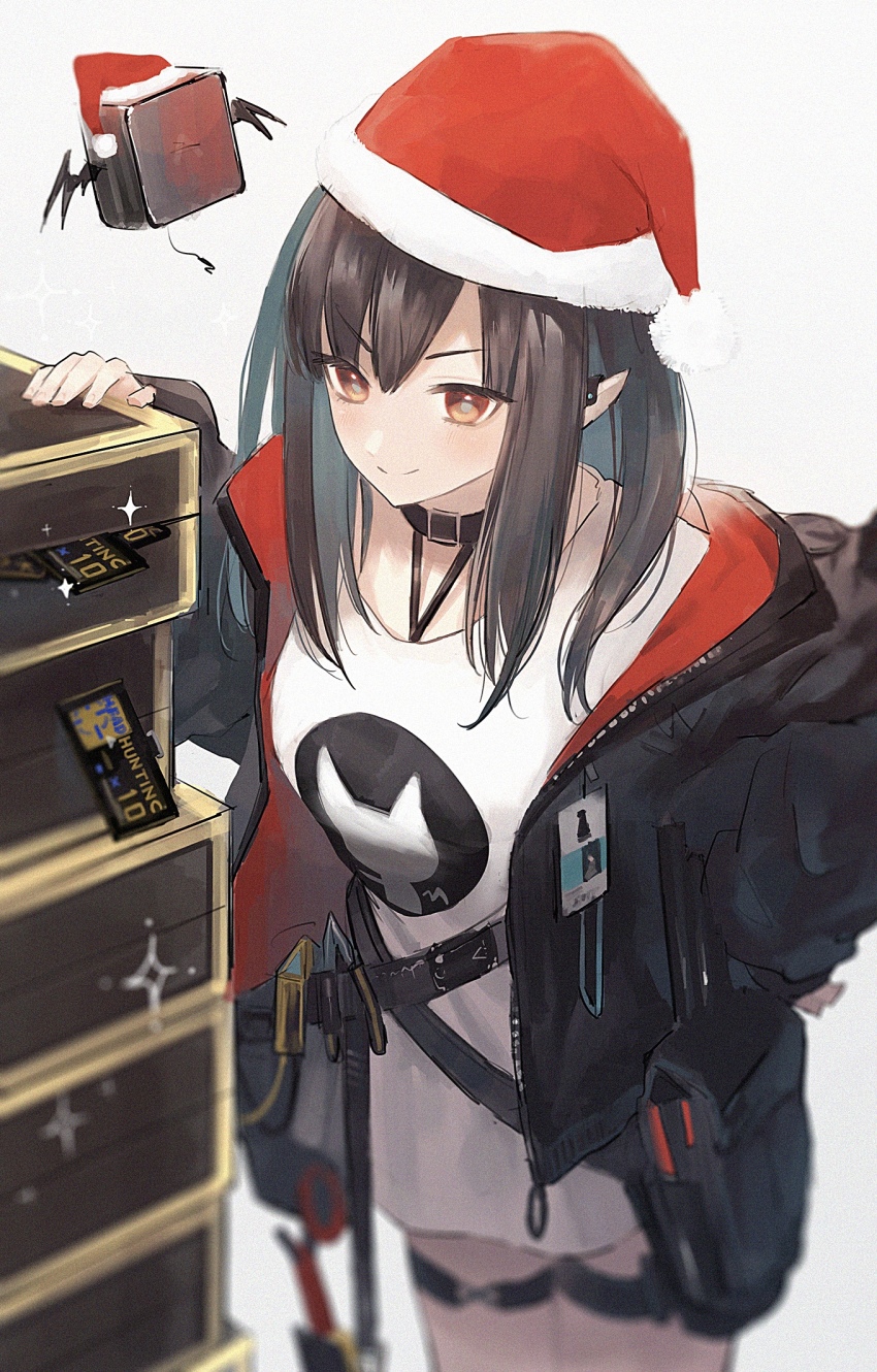 &gt;:) 1girl arknights black_hair black_jacket blurry blush pom_pom_beanie closed_mouth closure_(arknights) collar creature depth_of_field ear_piercing fur-trimmed_headwear fur_trim hat headhunting_permit_(arknights) highres jacket jfjf long_hair long_sleeves looking_at_viewer no_pants open_clothes open_jacket piercing pouch red_eyes red_hat santa_hat shirt simple_background smug solo sparkle suitcase thigh_strap white_background white_shirt