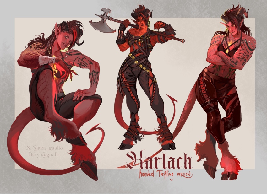 1girl aka_gaallo alternate_form arm_tattoo artist_name axe baldur&#039;s_gate baldur&#039;s_gate_3 bandaged_arm bandages bare_arms bare_shoulders barefoot black_hair black_pants border character_name chest_harness colored_skin crossed_arms curled_horns demon_girl demon_horns demon_tail dungeons_&amp;_dragons full_body grey_border harness highres holding holding_axe hooves horns karlach looking_at_viewer medium_hair monster_girl multicolored_hair multiple_views outside_border pants pointy_ears red_skin sitting standing streaked_hair tail tattoo tiefling toned toned_female two-tone_hair white_background yellow_eyes