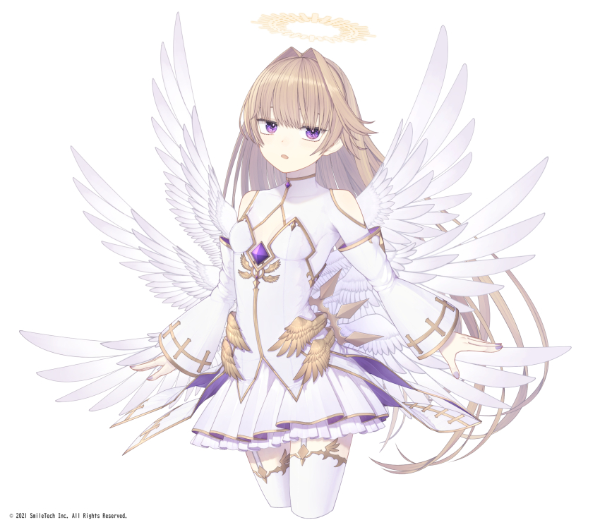 1girl :o angel angel_wings bare_shoulders blonde_hair breasts character_request cleavage_cutout clothing_cutout commentary_request company_name copyright_notice cowboy_shot cropped_legs detached_sleeves fake_wings feathered_wings fingernails frilled_skirt frills gem gold_trim hair_intakes halo highres layered_sleeves long_hair long_sleeves looking_at_viewer looking_to_the_side mahjong_hime miniskirt nail_polish official_art open_mouth pleated_skirt purple_eyes purple_gemstone purple_nails riuichi shirt shoulder_cutout simple_background skirt skirt_set sleeves_past_wrists small_breasts solo thighhighs turtleneck very_long_hair white_background white_shirt white_skirt white_thighhighs white_wings wings yellow_halo zettai_ryouiki