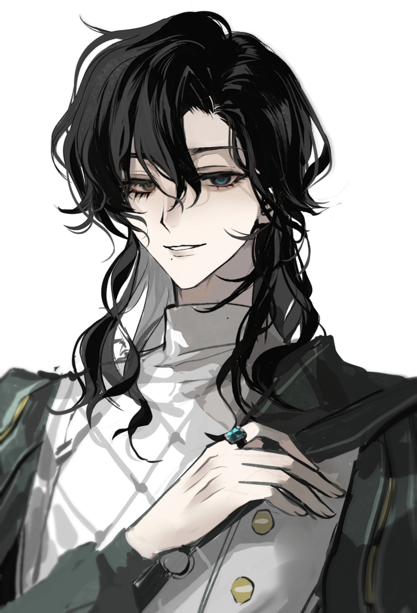 1boy absurdres black_hair blue_eyes brown_eyes cape chinese_commentary collared_vest commentary_request especiala green_cape green_shirt hair_between_eyes hand_on_own_chest heterochromia high_collar highres identity_v jewelry juliet_sleeves long_sleeves looking_at_viewer male_focus medium_hair mole mole_under_mouth pale_skin parted_lips puffy_sleeves richard_sterling ring shirt simple_background smile solo upper_body vest white_background white_vest