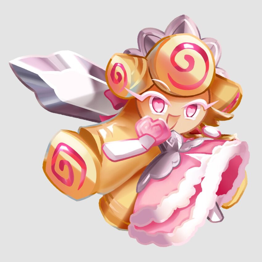 1girl :d armor blonde_hair commentary_request cookie_run cookie_run:_kingdom dress dzv_412-qrit elbow_gloves full_body fur-trimmed_dress fur_trim gloves grey_background heart heart_in_eye highres holding holding_behind_back holding_sword holding_sword_behind_back holding_weapon holding_weapon_behind_back kouign-amann_cookie long_dress long_hair multicolored_hair no_pupils official_style open_mouth pink_dress pink_eyes pink_hair puffy_short_sleeves puffy_sleeves short_sleeves simple_background smile solo streaked_hair sword symbol_in_eye tiara two-tone_hair very_long_hair weapon white_gloves