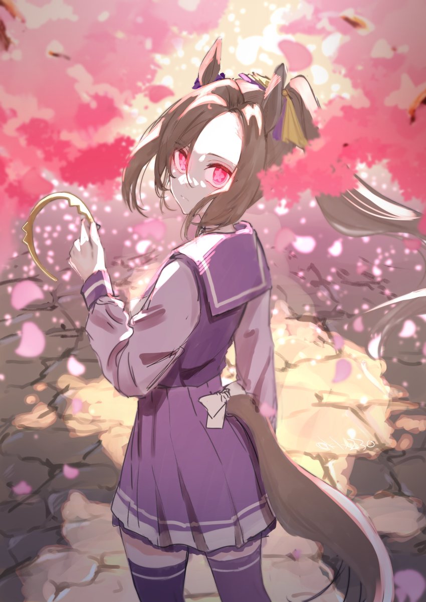 1girl absurdres animal_ears bow brown_hair cherry_blossoms expressionless feet_out_of_frame flower_in_eye from_above from_behind glowing glowing_eyes highres holding_hairband horse_ears horse_girl horse_tail long_hair long_sleeves looking_at_viewer looking_back ponytail purple_serafuku purple_shirt purple_skirt purple_thighhighs sailor_collar sailor_shirt sakura_bakushin_o_(umamusume) school_uniform serafuku shirt skirt solo symbol_in_eye tail thighhighs tracen_school_uniform tsukasa_(avdx5538) umamusume white_bow