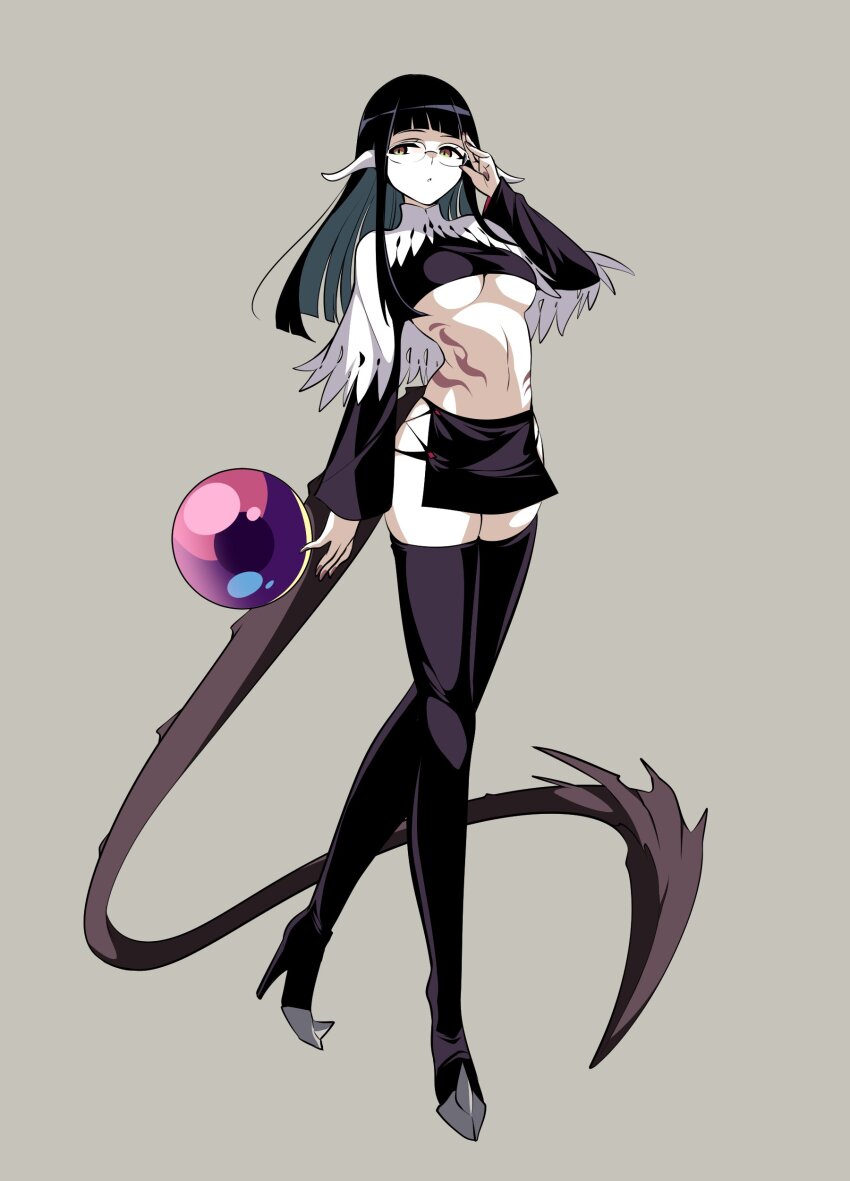 1girl absurdres adjusting_eyewear black_hair body_markings boots breasts demon_girl demon_horns demon_tail glasses high_heel_boots high_heels highres horns kato_takuji long_hair long_sleeves ma_no_mono-tachi simple_background solo spiked_tail tail thigh_boots underboob