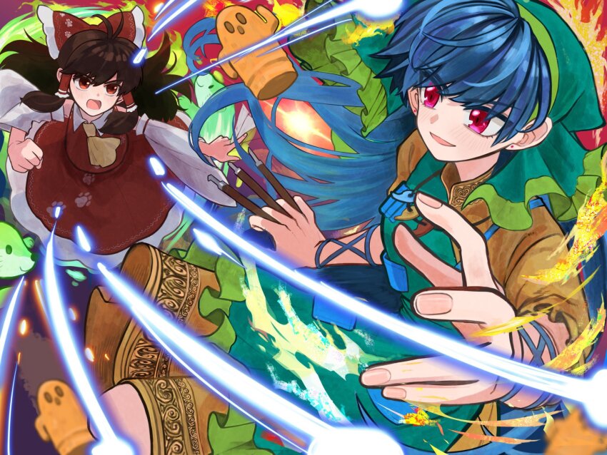 2girls animal animal_ears animal_nose antenna_hair apron arm_ribbon ascot bare_shoulders between_fingers blue_hair bow breast_pocket brown_hair clenched_hand collared_dress commentary_request danmaku detached_sleeves dress evening fingernails fire floating_hair flying frills green_apron green_fire green_headscarf hair_between_eyes hair_bow hair_ornament hair_tubes hakurei_reimu hand_up haniwa_(statue) haniyasushin_keiki headscarf highres holding holding_ofuda holding_tool jewelry long_hair long_sleeves looking_at_another magatama magatama_necklace mandarin_collar multiple_girls necklace nontraditional_miko open_mouth otter otter_ears otter_spirit_(touhou) outdoors paw_print pink_sky pocket puffy_short_sleeves puffy_sleeves purple_eyes red_bow red_dress red_eyes ribbon short_sleeves sidelocks sky sleeveless sleeveless_dress smile staygold sun touhou v-shaped_eyebrows white_sleeves wide_sleeves wily_beast_and_weakest_creature wing_collar wood_carving_tool yellow_ascot yellow_dress