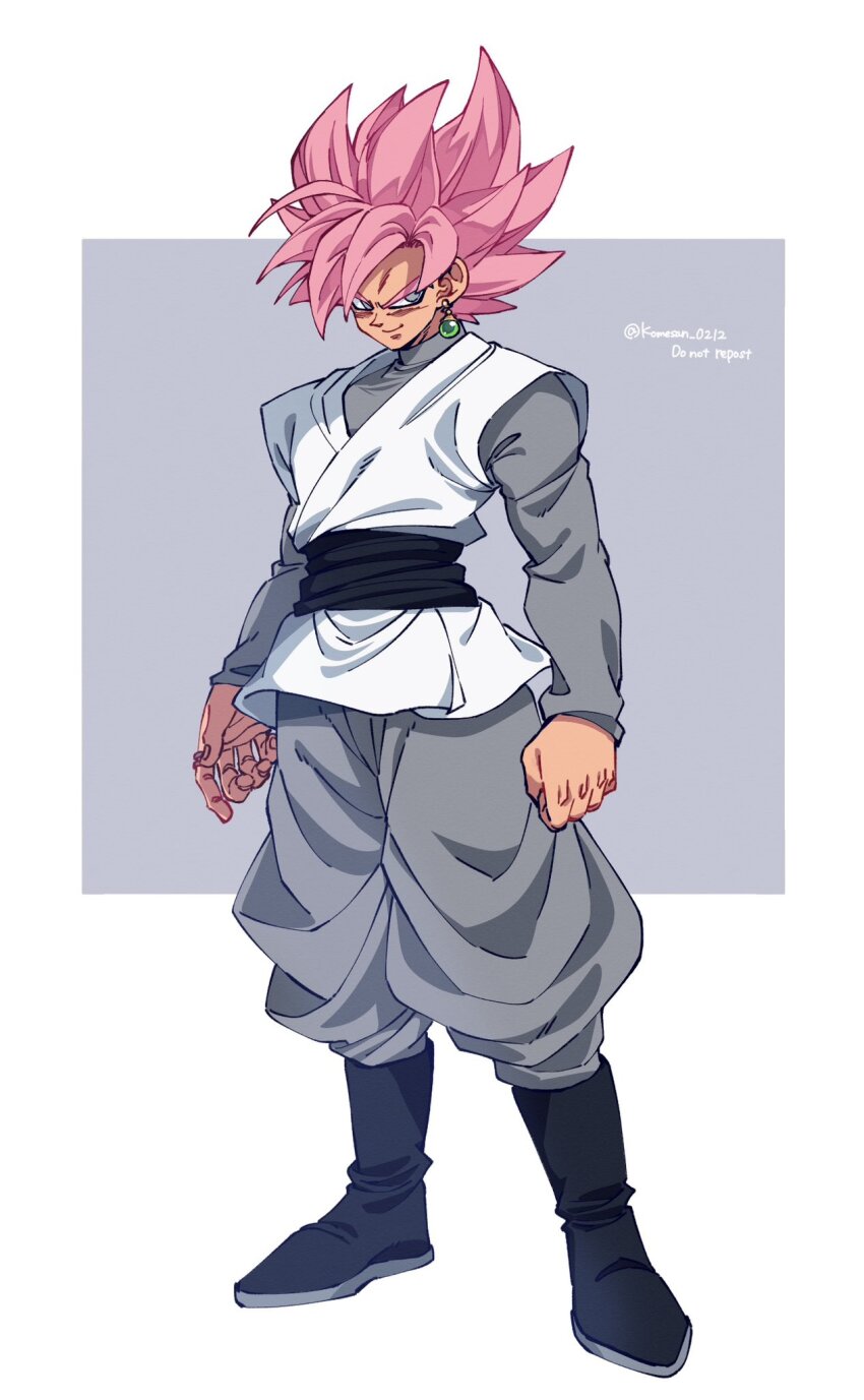 1boy black_boots black_sash boots dougi dragon_ball dragon_ball_super earrings full_body goku_black grey_background grey_pants grey_shirt highres jewelry komesan_0212 male_focus medium_hair pants pink_hair potara_earrings sash shirt simple_background single_earring solo spiked_hair standing tunic white_background white_tunic