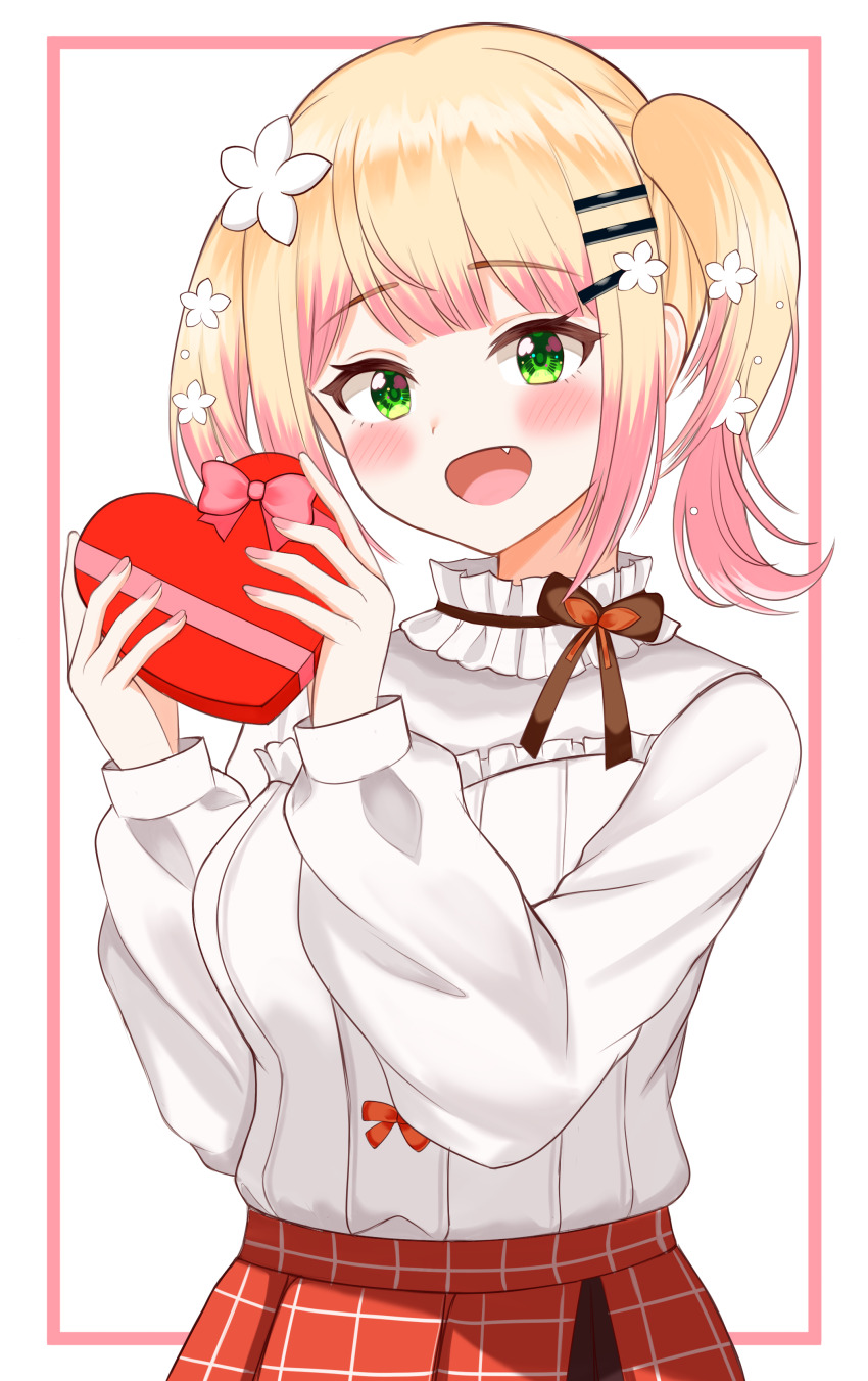 1girl absurdres arawi_(araccoon1221) blonde_hair blunt_bangs blush border bow bowtie box box_of_chocolates brown_bow brown_bowtie collar fang flower frilled_collar frilled_shirt frills gradient_hair green_eyes hair_flower hair_ornament hairclip half-skirt hands_up heart-shaped_box highres holding holding_box hololive looking_at_viewer medium_hair momosuzu_nene momosuzu_nene_(casual) multicolored_hair nail_polish official_alternate_costume official_alternate_hairstyle open_mouth outside_border pink_border pink_hair pink_nails plaid_clothes plaid_skirt red_skirt shirt sidelocks simple_background skirt smile solo twintails virtual_youtuber white_background white_flower