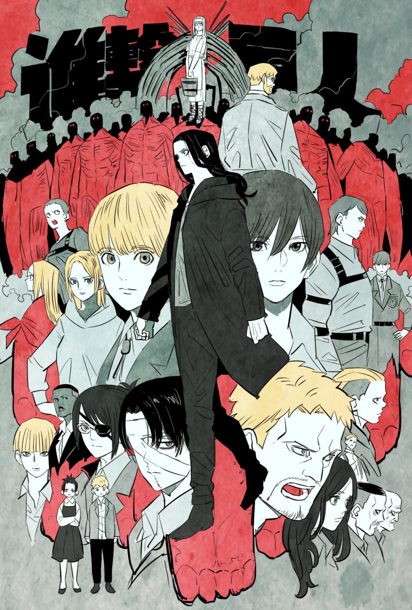 6+boys 6+girls armin_arlert back bandage_over_one_eye beard belt black_hair blonde_hair blunt_bangs character_request chest_belt closed_mouth coat colt_grice commentary connie_springer crossed_arms dress eren_yeager eyepatch facial_hair falco_grice floch_forster founding_titan full_body gabi_braun giant glasses goatee hair_between_eyes hair_bun hange_zoe highres holding hood hooded_coat jacket jean_kirstein keith_shadis krista_lenz levi_(shingeki_no_kyojin) limited_palette long_hair looking_ahead looking_at_viewer mikasa_ackerman multiple_boys multiple_girls onyankopon_(shingeki_no_kyojin) open_mouth pieck_finger porco_galliard profile reiner_braun shingeki_no_kyojin short_hair sidelocks smoke takeuchi_ryousuke theo_magath titan_(shingeki_no_kyojin) wall_titan yelena_(shingeki_no_kyojin) ymir_fritz zeke_yeager