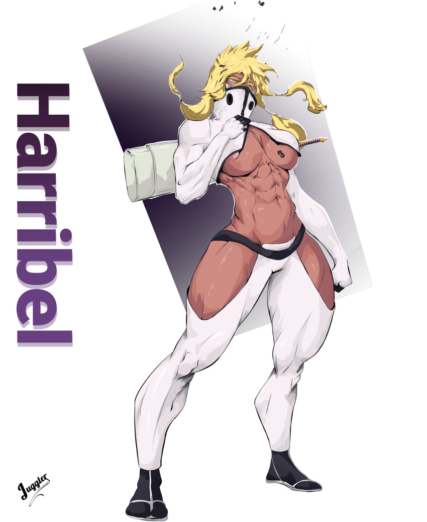 1girl abs absurdres areola_slip arrancar artist_name belt biceps black_belt black_socks bleach blonde_hair breast_tattoo breasts breasts_apart character_name colored_eyebrows colored_eyelashes crop_top cropped_jacket crossed_arms curvy dark-skinned_female dark_skin female_focus floating_hair green_eyes groin hair_between_eyes hair_rings hand_on_own_chest harem_pants highres hip_vent hollow_(bleach) impossible_clothes jacket juggler_(sun_juggler) large_breasts linea_alba looking_to_the_side mature_female messy_hair midriff muscular muscular_arms muscular_female muscular_legs narrow_waist navel number_tattoo obliques open_clothes open_jacket pants partially_unzipped pinup_(style) revealing_clothes sandals scabbard sheath sheathed short_hair shrug_(clothing) signature simple_background socks solo standing stomach tabi tattoo thick_thighs thighhighs thighs tier_harribel toned two-tone_gloves underboob underbust unzipped unzipping weapon weapon_on_back white_background white_jacket wide_hips