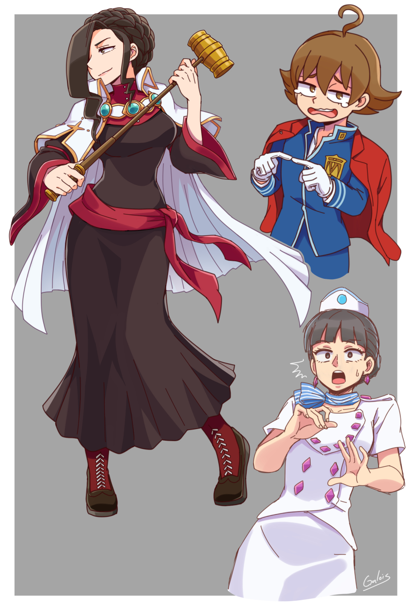 1boy 2girls :o absurdres ace_attorney ace_attorney_investigations ace_attorney_investigations:_miles_edgeworth ahoge artist_name black_dress black_hair boots braid breasts brown_eyes brown_hair cape crown_braid dress earrings eustace_winner flight_attendant galois gavel gloves grey_background hair_over_one_eye hat highres index_fingers_together jewelry lace-up_boots medium_breasts multiple_girls rhoda_teneiro short_hair short_sleeves surprised tearing_up travel_attendant verity_gavelle white_cape white_gloves white_hat