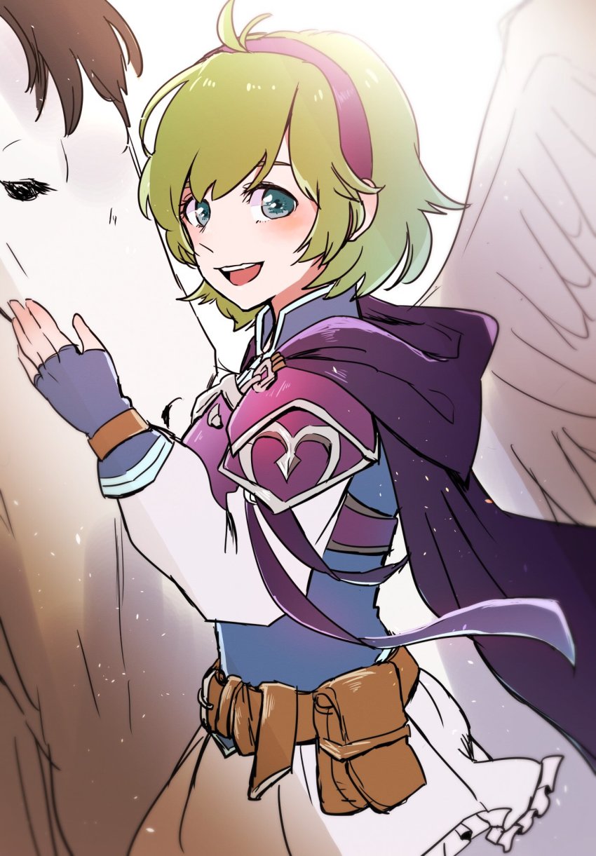 1girl armor belt belt_pouch blue_eyes blue_gloves breastplate cape female_focus fingerless_gloves fire_emblem fire_emblem:_the_blazing_blade fire_emblem_heroes from_side gloves green_hair hairband highres hoshigaki_(hsa16g) looking_to_the_side miniskirt nino_(fire_emblem) nino_(pale_flower)_(fire_emblem) nintendo open_mouth pegasus pouch short_hair shoulder_armor skirt solo white_skirt