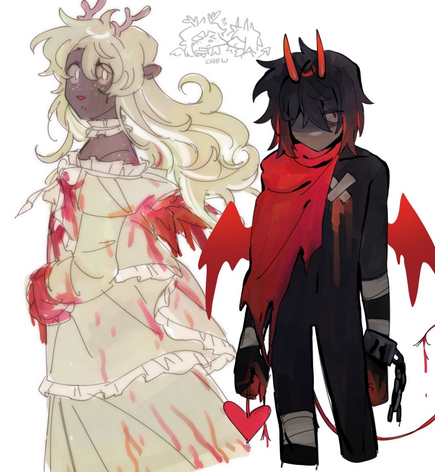 1girl 1other alternate_costume alternate_universe angel_and_devil animal_ears antlers black_bodysuit black_hair blonde_hair blood blood_on_clothes bodysuit choker commentary cuffs deer_antlers deer_ears deer_girl deltarune demon demon_horns demon_tail demon_wings dress english_commentary frilled_choker frilled_dress frills goomyloid highres holding_own_tail horns kris_(deltarune) long_dress long_hair long_sleeves noelle_holiday off-shoulder_dress off_shoulder red_eyes red_horns red_scarf red_tail red_wings scarf shackles short_hair tail white_dress wings