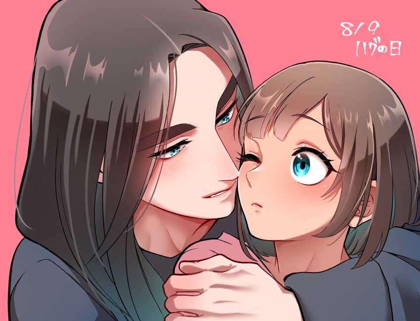 1boy 1girl black_shirt blue_eyes brown_hair commentary_request dated fang_(my_time_at_sandrock) frown hetero highres hug hug_from_behind long_hair lucy_(my_time_at_sandrock) mugicha_(zoro1132) my_time_at_portia my_time_at_sandrock one_eye_closed raised_eyebrows shirt signature smile thick_eyebrows