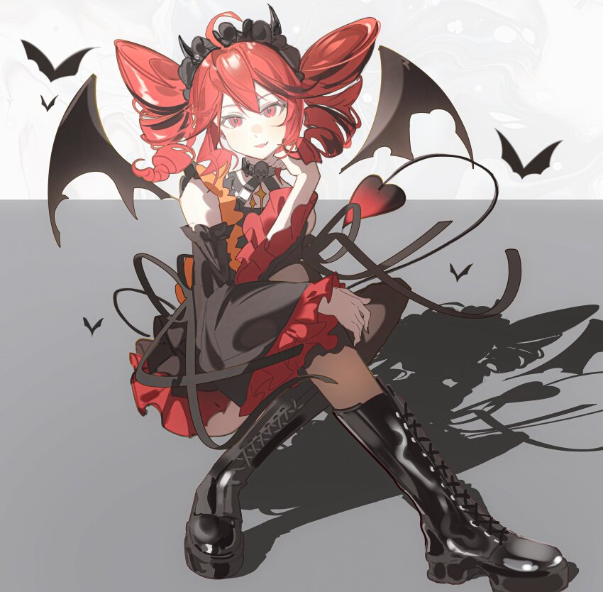 1girl absurdres ahoge bat_wings black_boots black_dress black_horns black_sleeves black_tail black_wings boots crossed_legs demon_horns demon_tail detached_wings dress drill_hair fake_horns fang floating_hair flve frilled_hairband frills grey_background hair_between_eyes hairband halter_dress halterneck hand_up highres horns kasane_teto kasane_teto_(halloween) kneehighs lace-up_boots looking_at_viewer on_floor red_dress red_eyes red_hair red_sleeves red_tail shadow shoelaces short_dress sitting skin_fang sleeveless sleeveless_dress smile socks solo tail twin_drills utau white_background wings