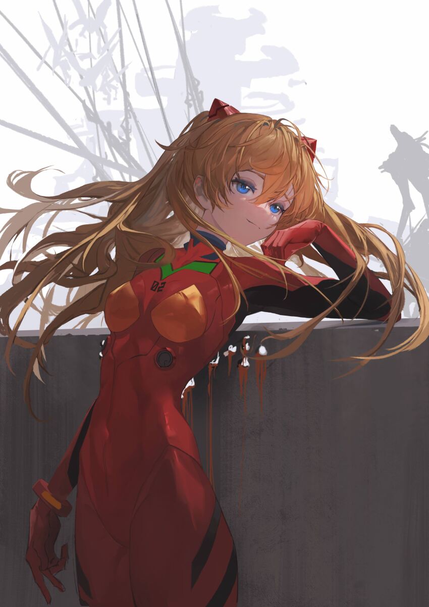 absurdres blue_eyes bodysuit breasts highres long_hair looking_at_viewer mecha_pilot_suit medium_breasts neon_genesis_evangelion orange_hair plugsuit_(evangelion) red_bodysuit skin_tight smile souryuu_asuka_langley zigou